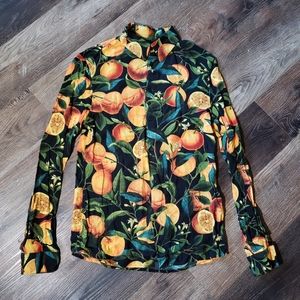H&M button up shirt orange citrus fruit print collared long sleeve shirt mens XS